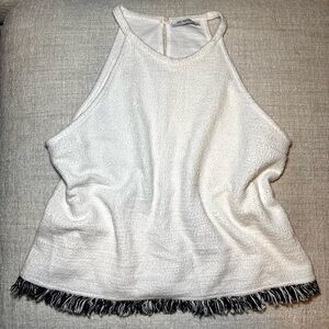 Zara Trafulac White Textured Fringe Hem Halter Top Boho Chic Coastal Tank Small